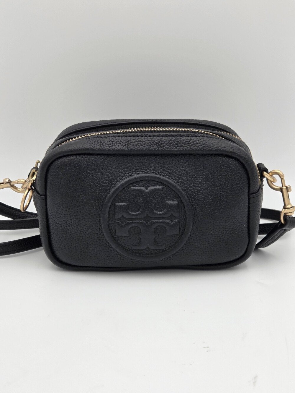 Tory Burch Black Pebbled Leather Crossbody Camera Bag with Gold Hardware